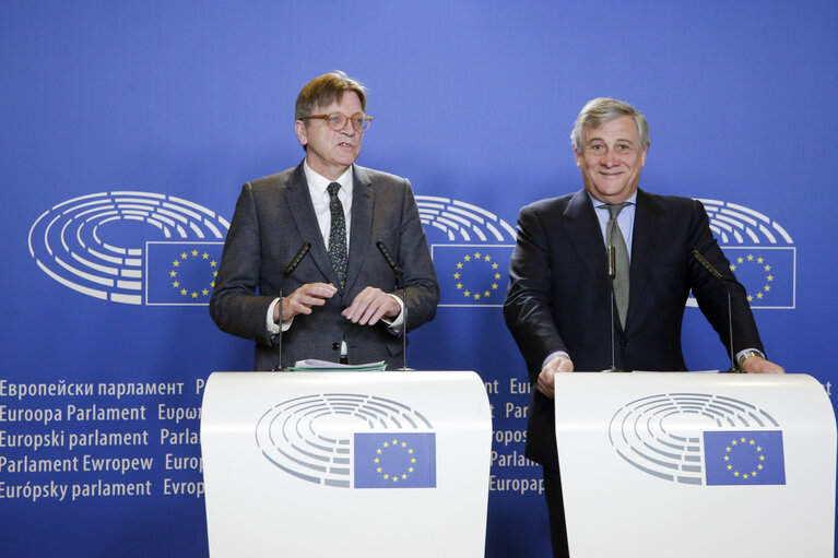 Fotogrāfija 4: Press Point Antonio TAJANI - EP President and Guy VERHOFSTADT on Brexit