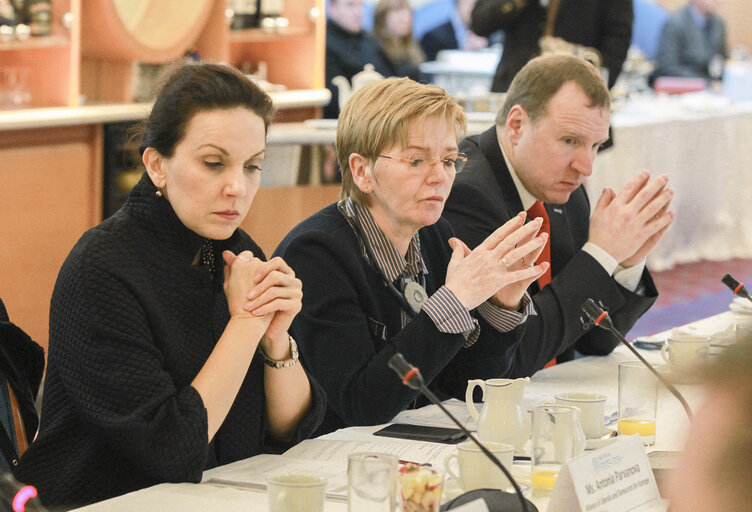 Fotogrāfija 16: Ms Antonyia Parvanova (L), Vice-Chair of Alliance of Liberals and Democrats for Europe, Ms Gabriele Zimmer (C), listen to speakers during a working breakfast at Leinster House in Dublin, Ireland on November 30, 2012.