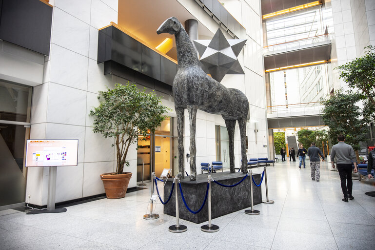 Zenith horse statue by Italian artist Mimmo Paladino in the ASP building in Brussels