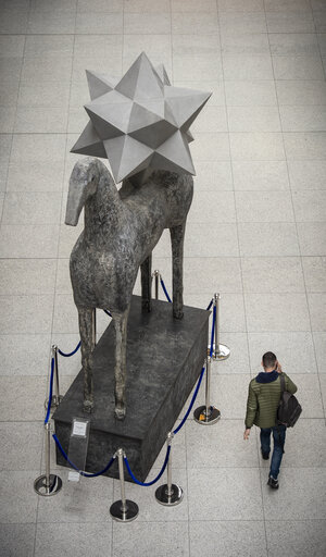 Zenith horse statue by Italian artist Mimmo Paladino in the ASP building in Brussels