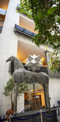 Zenith horse statue by Italian artist Mimmo Paladino in the ASP building in Brussels