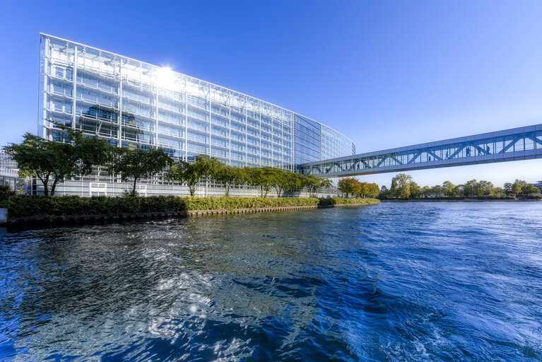 The European Parliament in Strasbourg - The LOW building seen from the Ill river