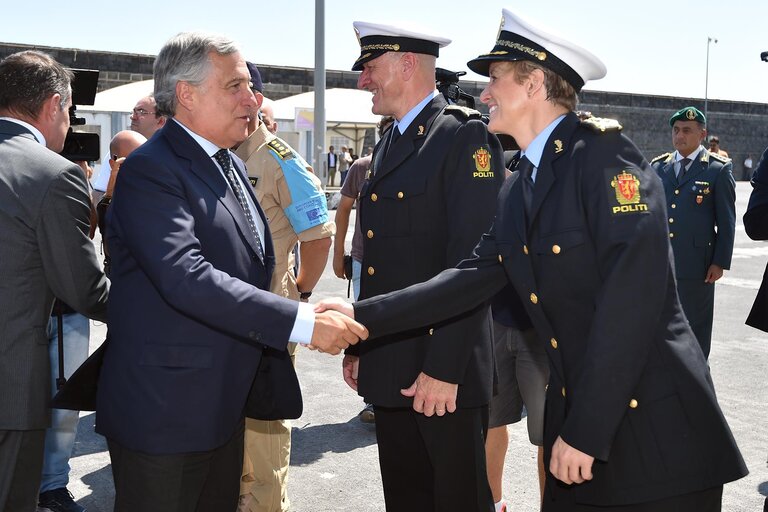 Photo 38 : Official visit of the President of the European Parliament to Italy. ITALY, Catania - Antonio TAJANI - EP President visiting Catania and Pozzallo, on Friday, August 25 2017  AFP PHOTO/GIOVANNI ISOLINO