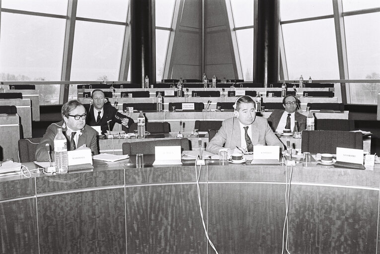 MEPs John Leslie MARSHALL and Gabriel KASPEREIT during a meeting of the European Parliament's Delegation for relations with Israel in Strasbourg, December 12, 1983.