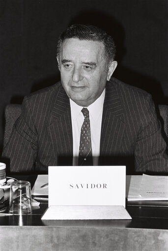 President of the Knesset Menachem SAVIDOR during a meeting of the European Parliament's Delegation for relations with Israel in Strasbourg, December 12, 1983.