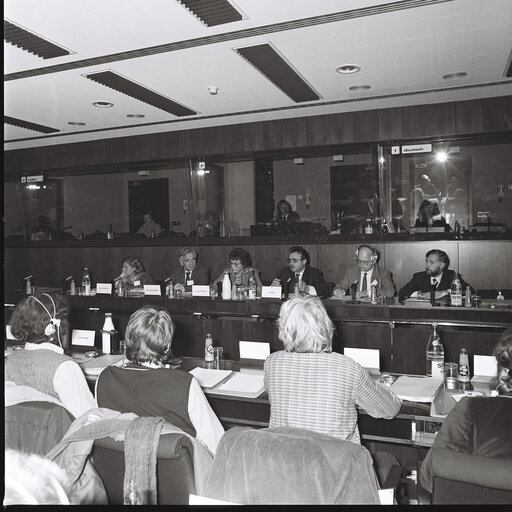 Maria Antonietta MACCIOCCHI, Hellmut SIEGLERSCHMIDT, Ien VAN DEN HEUVEL and Ernest GLINNE attend a socialist group meeting at the European Parliament in Brussels, December 1983.