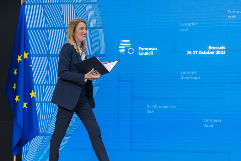 European Council - Press Conference by Roberta METSOLA, EP President .