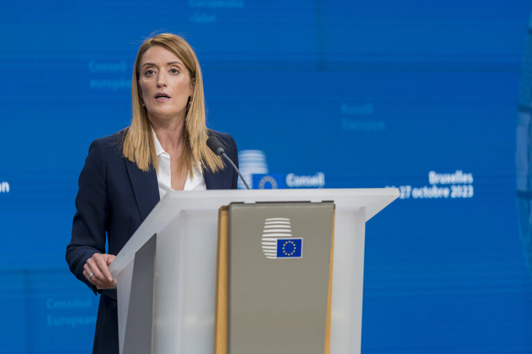 European Council - Press Conference by Roberta METSOLA, EP President .