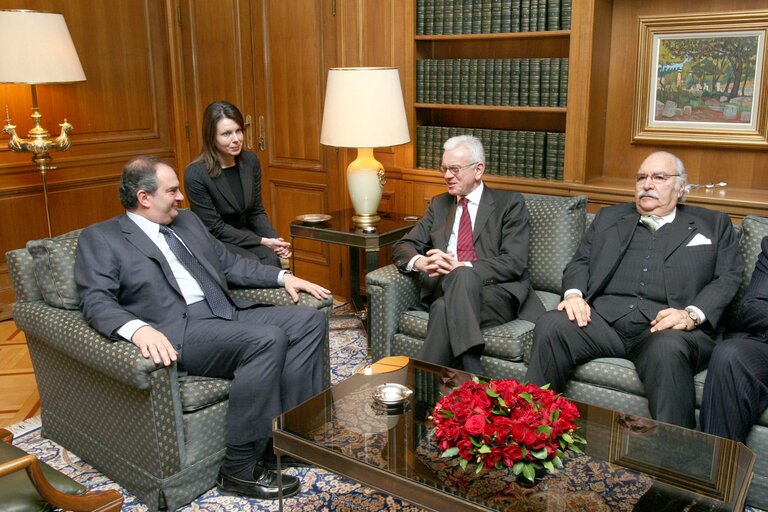 Hans-Gert POETTERING, EP President meets with Constantin KARAMANLIS - Greek Prime Minister, Fouad MEBAZAA - Speaker of the Tunisian Parliament in Athens, Greece, February 29, 2008.