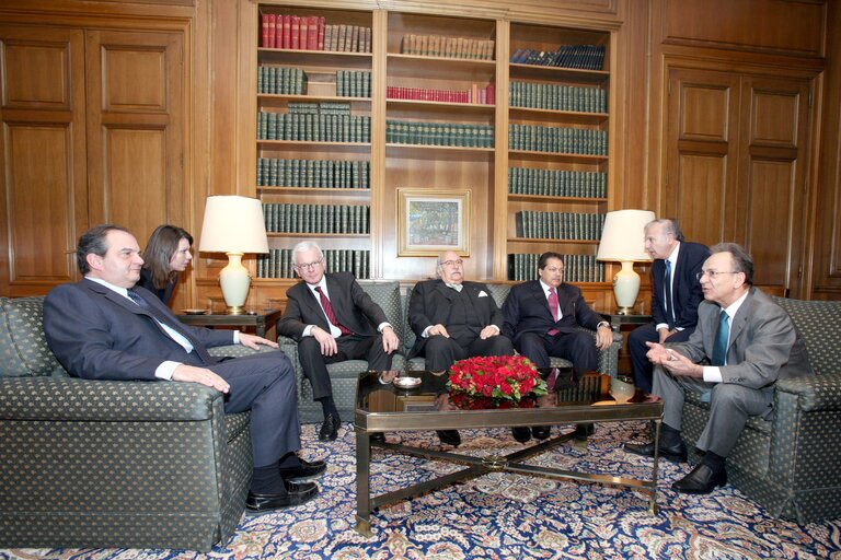 Fotografija 9: Hans-Gert POETTERING, EP President meets with Constantin KARAMANLIS - Greek Prime Minister, Fouad MEBAZAA - Speaker of the Tunisian Parliament and Muhamed ABO ELEINEM, Speaker of the Egyptian Parliament and Dimitrios SIOUFASIN - speaker of the Hellenic Parliament in Athens, Greece, February 29, 2008....