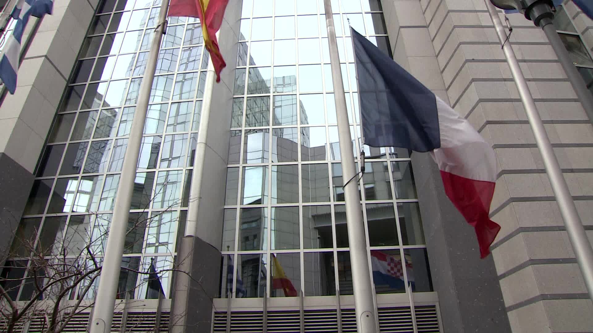 French flags at half-mast following the yesterday's terrorist attacks in Brussels with European and Belgian flags already at half-mast