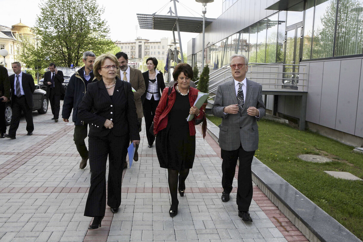 Members of the European Parliament walking in front of UN building in Pristina, KOSOVO. April 19, 2008