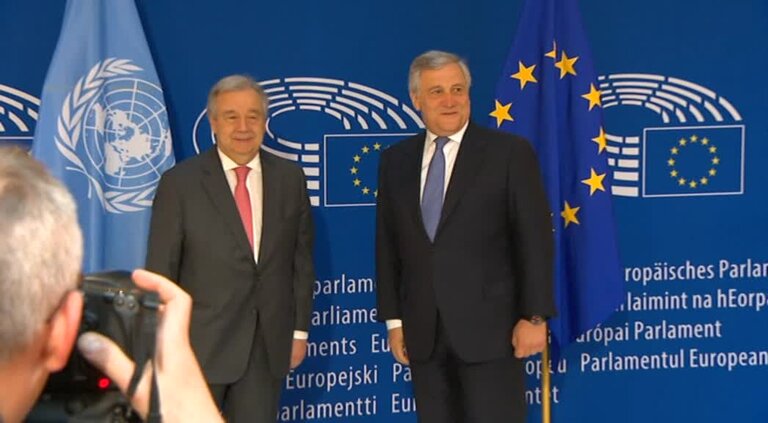 Antonio TAJANI, EP President meets with António GUTERRES, Secretary-General of the United Nations: arrival and roundtable