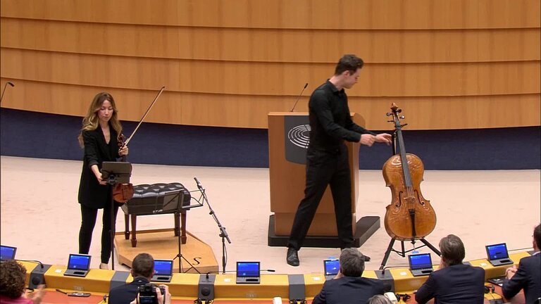 International Holocaust Remembrance Day: Musical interlude "Duo for violin and cello - II. Andante" by Pál Hermann, performed by Sam Lucas, cello, and Sadie Fields, violin