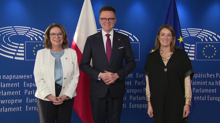 Meeting between Roberta METSOLA, EP President, Szymon HOŁOWNIA Marshal of the Sejm of the Republic of Poland, and Małgorzata KIDAWA-BŁOŃSKA, Marshal of the Senate of the Republic of Poland