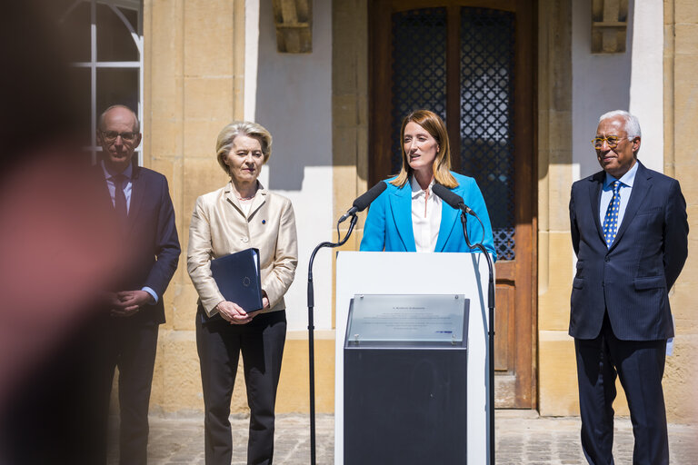 Europe day - 75th Anniversary of the Schuman Declaration Luxembourg with Luc FRIEDEN, Luxembourgish Prime Minister, Roberta METSOLA, EP President, António COSTA, President of the European Council and Ursula von der LEYEN, President of the European Commission