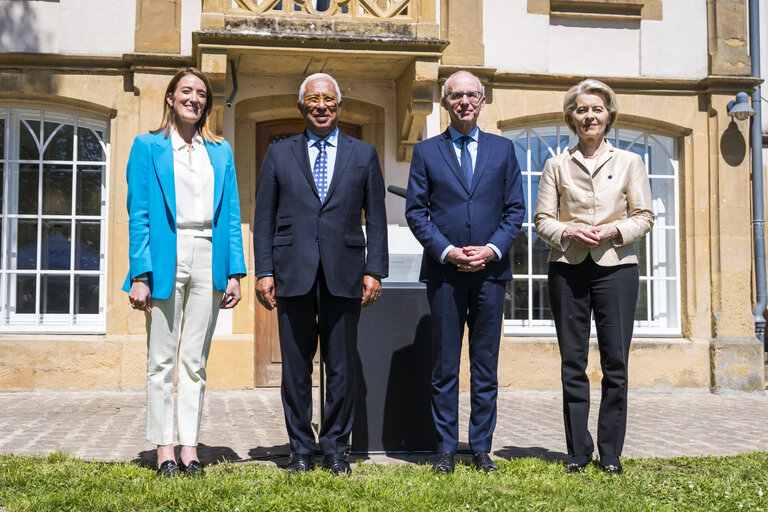 Europe day - 75th Anniversary of the Schuman Declaration Luxembourg with Luc FRIEDEN, Luxembourgish Prime Minister, Roberta METSOLA, EP President, António COSTA, President of the European Council and Ursula von der LEYEN, President of the European Commission