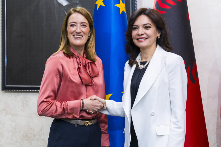European Political Community Summit in Tirana (Albania) - Roberta METSOLA, EP President meets with Elisa SPIROPALI, Speaker of Parliament of Republic of Albania