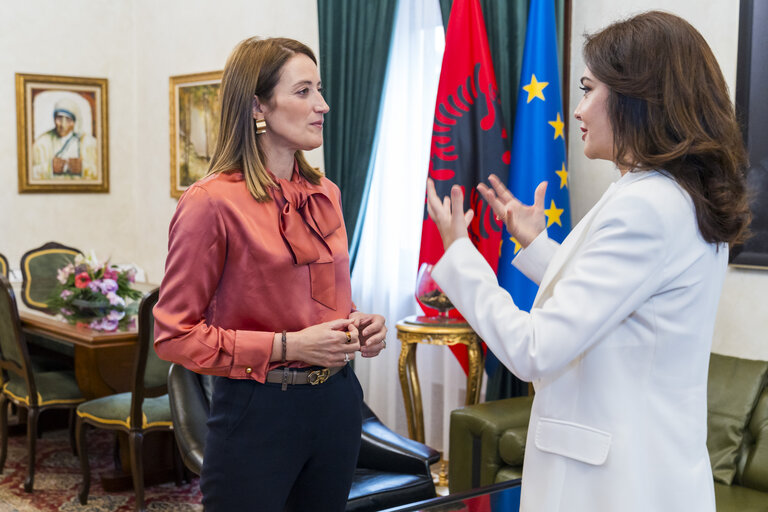 European Political Community Summit in Tirana (Albania) - Roberta METSOLA, EP President meets with Elisa SPIROPALI, Speaker of Parliament of Republic of Albania