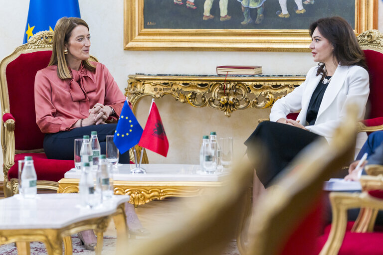 European Political Community Summit in Tirana (Albania) - Roberta METSOLA, EP President meets with Elisa SPIROPALI, Speaker of Parliament of Republic of Albania