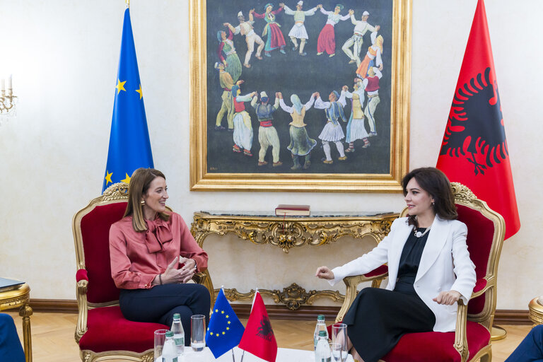 European Political Community Summit in Tirana (Albania) - Roberta METSOLA, EP President meets with Elisa SPIROPALI, Speaker of Parliament of Republic of Albania