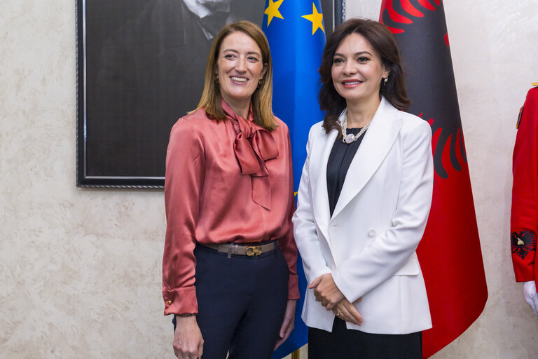 European Political Community Summit in Tirana (Albania) - Roberta METSOLA, EP President meets with Elisa SPIROPALI, Speaker of Parliament of Republic of Albania