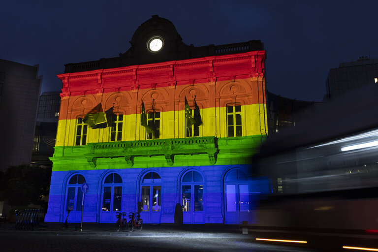 International Day Against Homophobia, Biphobia, Intersexism and Transphobia (IDAHOBIT) - Rainbow flag illuminating the EP buildings