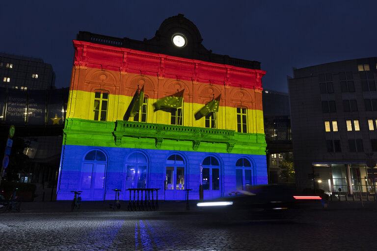 International Day Against Homophobia, Biphobia, Intersexism and Transphobia (IDAHOBIT) - Rainbow flag illuminating the EP buildings