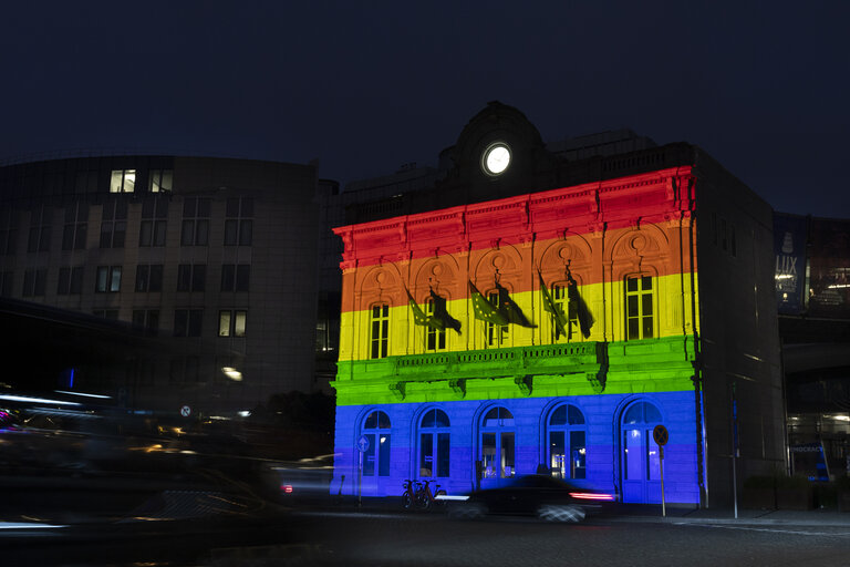 International Day Against Homophobia, Biphobia, Intersexism and Transphobia (IDAHOBIT) - Rainbow flag illuminating the EP buildings