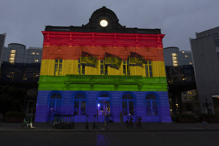 International Day Against Homophobia, Biphobia, Intersexism and Transphobia (IDAHOBIT) - Rainbow flag illuminating the EP buildings