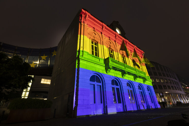 International Day Against Homophobia, Biphobia, Intersexism and Transphobia (IDAHOBIT) - Rainbow flag illuminating the EP buildings