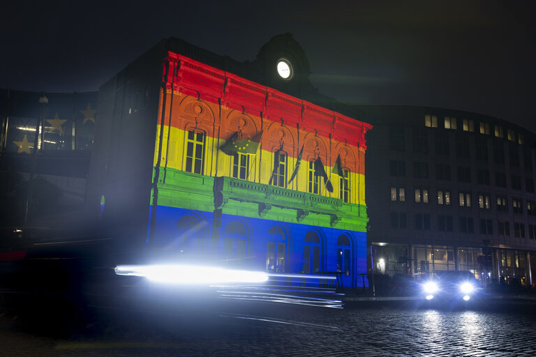 International Day Against Homophobia, Biphobia, Intersexism and Transphobia (IDAHOBIT) - Rainbow flag illuminating the EP buildings