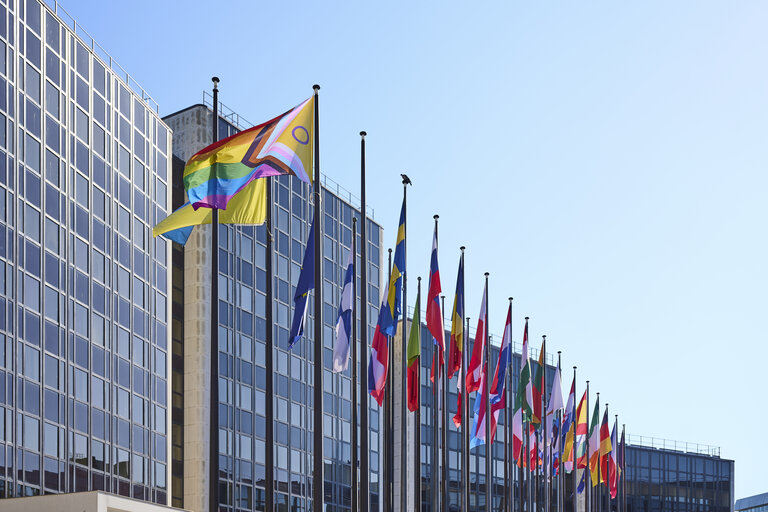 Billede 12: International Day Against Homophobia, Biphobia and Transphobia (IDAHOBIT) 2025 - Rainbow flag next to the EP buildings in Brussels and Strasbourg