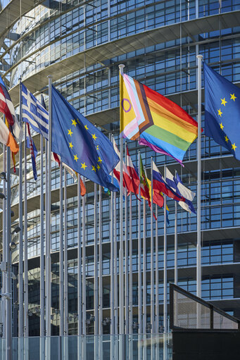 Billede 20: International Day Against Homophobia, Biphobia and Transphobia (IDAHOBIT) 2025 - Rainbow flag next to the EP buildings in Brussels and Strasbourg