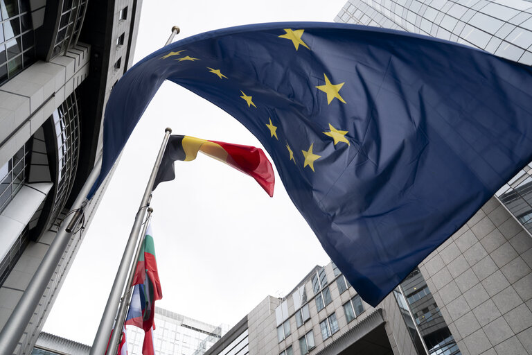 Fotografie 14: European and Austrian flags at half-mast in front of EP buildings in Brussels and Strasbourg, as a sign of European solidarity and out of respect for the victims of the school shooting in Graz, Austria