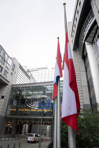 European and Austrian flags at half-mast in front of EP buildings in Brussels and Strasbourg, as a sign of European solidarity and out of respect for the victims of the school shooting in Graz, Austria