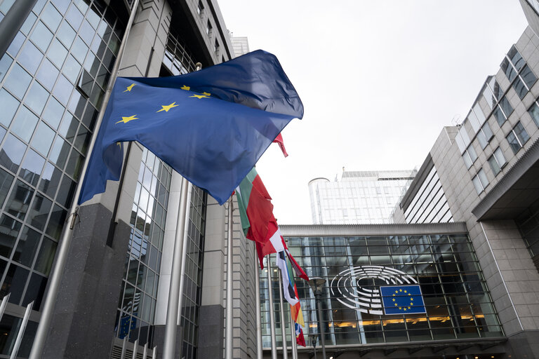 European and Austrian flags at half-mast in front of EP buildings in Brussels and Strasbourg, as a sign of European solidarity and out of respect for the victims of the school shooting in Graz, Austria