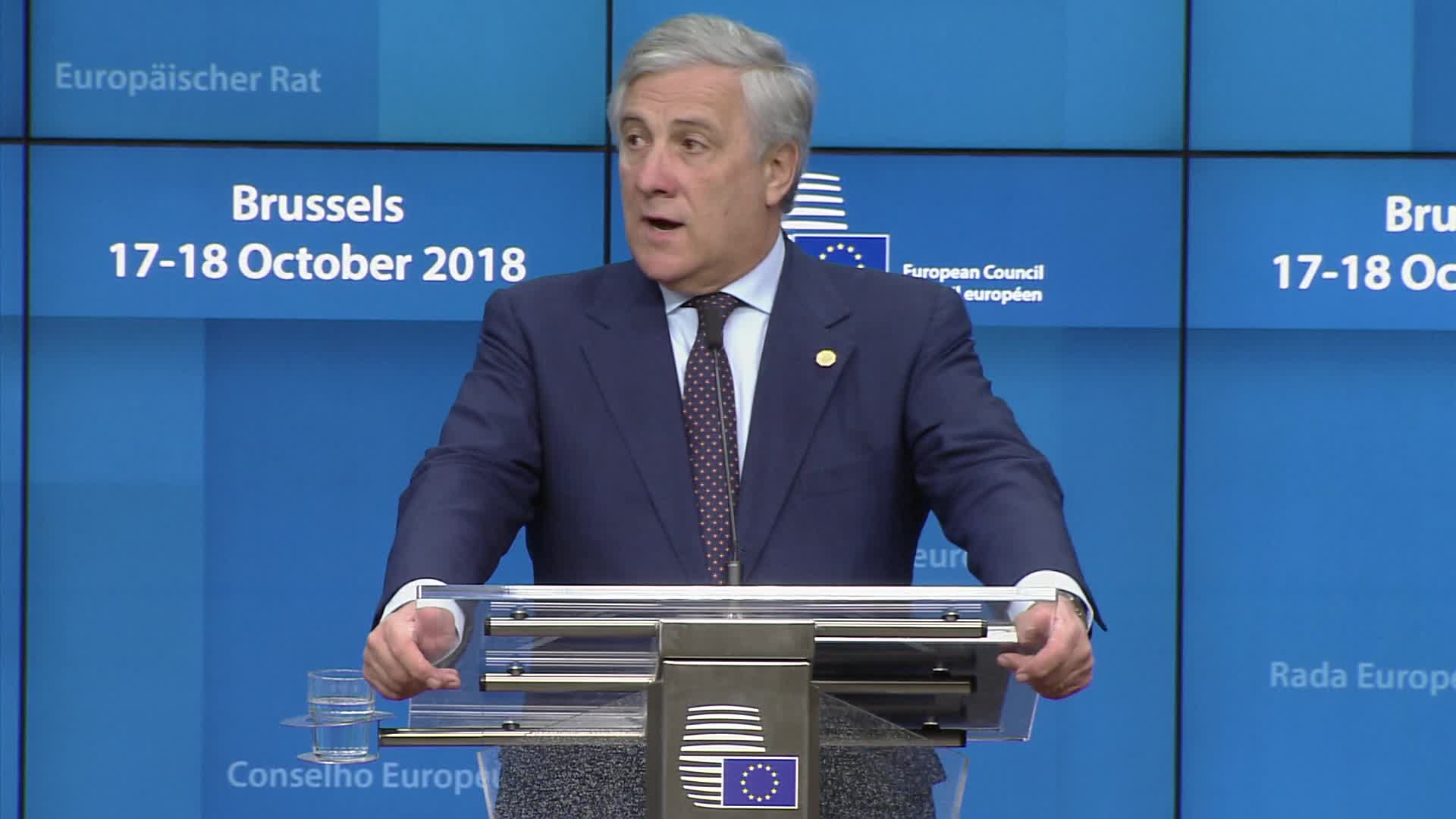 Press conference by Antonio TAJANI, EP President, on the European Council 18-19 October 2018: Opening remarks (10:38 - 10:44)